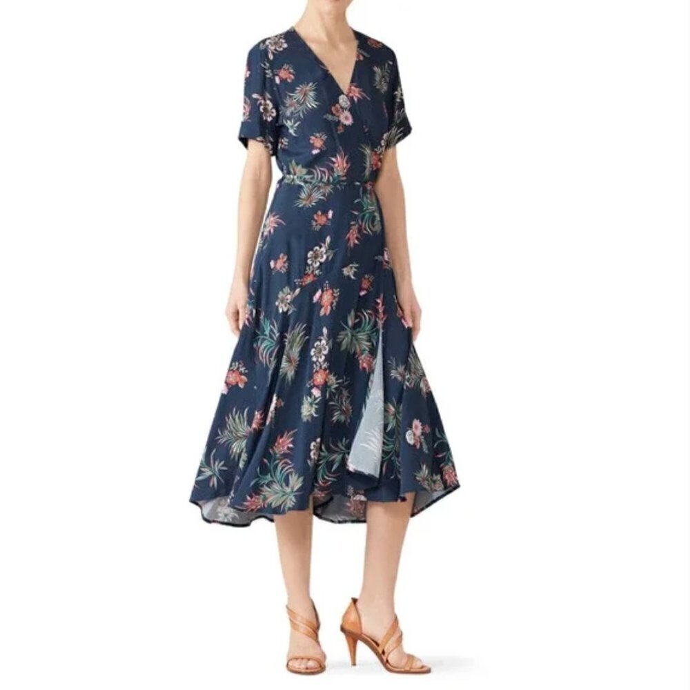 Fifteen Twenty‎ Navy Blue Floral Wrap Midi Dress M